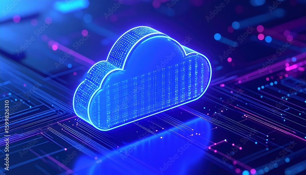 Poster digital cloud computing icon with binary data and circuitry representation in futuristic neon colors