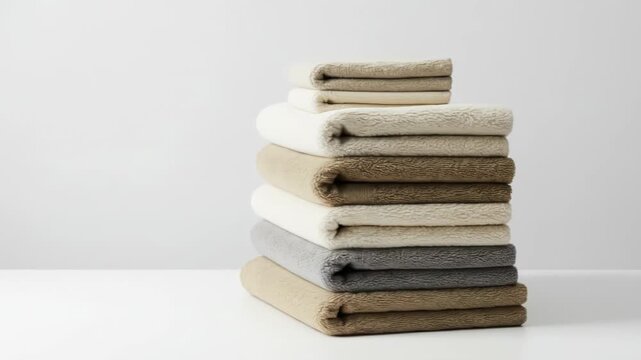 A vertical stack of folded, textured blankets in various neutral tones on a white surface against a simple white backdrop