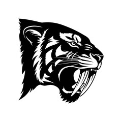 Black and white graphic of a saber-toothed tiger's head, mouth open in a menacing display.