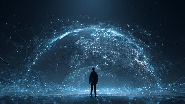 Man gazes at a glowing blue energy sphere in dark futuristic setting