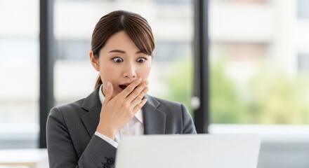 Fototapeta premium PCの画面を見て驚く日本人女性社員