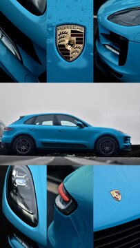 Munnar, Kerala, India - July 20 2025: Blue Porsche Macan S SUV parked in the misty highlands. The image collage showcases close-up details including the Porsche emblem, front grille, head & tail light