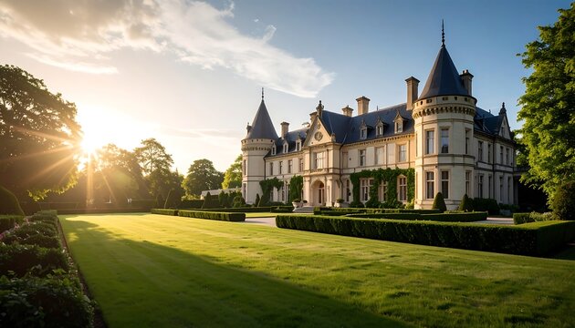A stately mansion at sunset