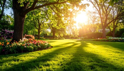 Fototapeta premium Lush parkland bathed in golden sunlight