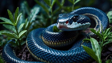 Fototapeta premium Striking Snake Coiled with Tongue Out in Dark Blue Foliage.