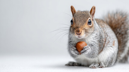 Obraz premium Adorable squirrel with nut sitting on white background fluffy tail and brown fur for kids education wildlife awareness and posters