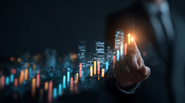 Businessman interacting with futuristic financial data visualization