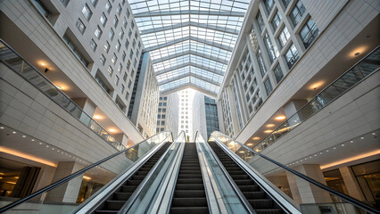 Architectural marvel of modern building with escalator and glass ceiling design