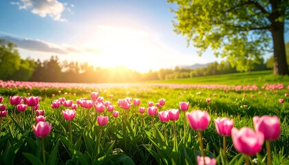 Obraz premium Lush pink tulip field at sunrise