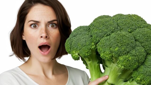 Woman Surprised by Giant Broccoli - A young woman with short brown hair looks surprised and slightly apprehensive while holding a very large head of broccoli.