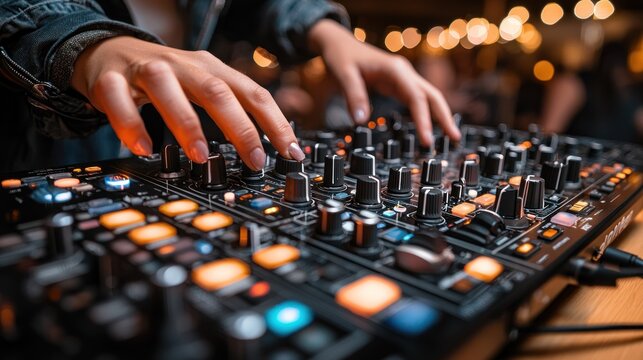 DJ's Hands on a Mixer at a Night Club Party