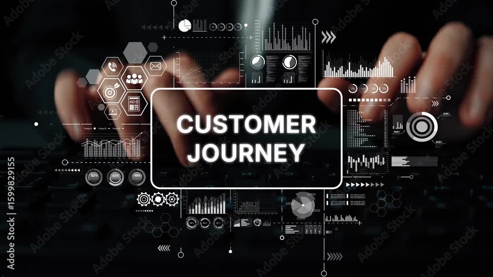 Poster hands typing on keyboard with customer journey graphics and data visualization elements in backgroun