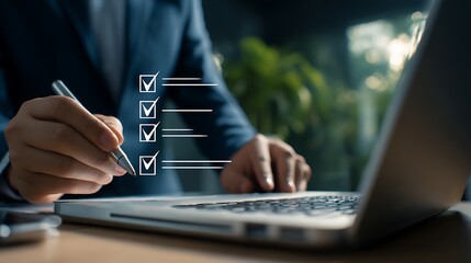 Business professional completing a digital checklist on a laptop