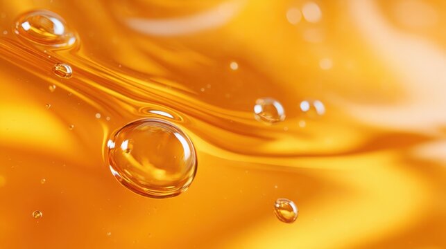 amber-colored fermented oil texture with clean reflective surface, no ripples or bubbles, wellness + biotech beauty trend