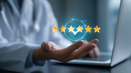 Doctor s hand presenting five star patient satisfaction rating