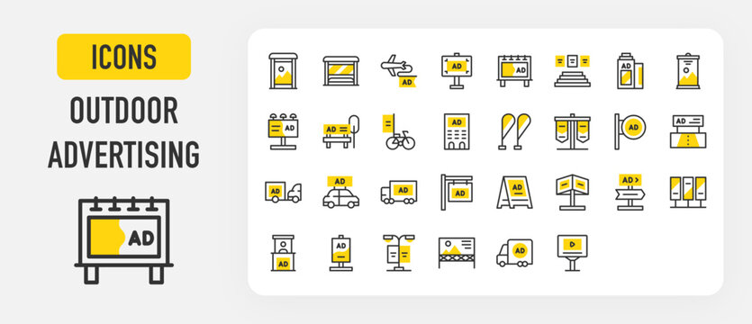 Outdoor advertising icons. LED, Ads, Mupi, Roll Up, Megaphone, Boarding, Roadshow, Poster, Store Sign, Billboard, Bike, Bow Flags, Document, Aircraft vector stroke illustration.	
