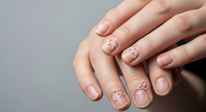 Close-up of a woman's hands showing damaged fingernails, possibly due to a skin condition or habit.