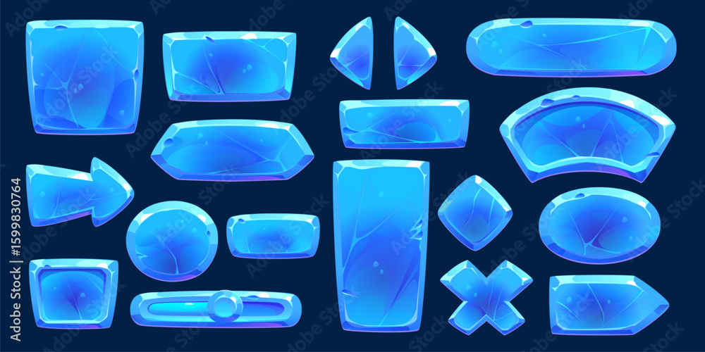 Poster blue winter ice crystal buttons interface. game gui elements asset set with vector frozen snow block