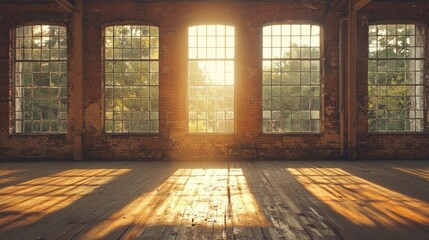 Sunlit Industrial Interior: Golden Hour in a Brick Warehouse