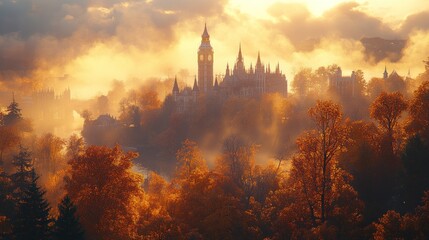 Fototapeta premium Majestic castle in autumn mist