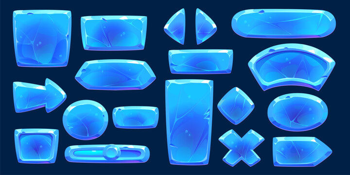 Blue winter ice crystal buttons interface. Game GUI elements asset set with vector frozen snow blocks. Cartoon icy frames, panels, boards, arrows and slider bar buttons with cracked ice texture