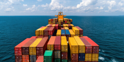  large cargo ship loaded with colorful shipping containers sails on a calm ocean under a partly cloudy sky.