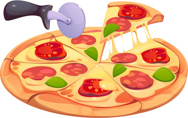 Cartoon pizza with melted cheese, pepperoni slices and fresh basil cut with a pizza cutter. Cook food cooking process. Hot slice being lifted with gooey cheese strings. Vector isolated Italian pizza