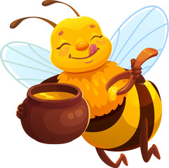 Cartoon honey bee character holding pot with honey and wooden spoon. Vector apiary insect licking lips with satisfied expression. Funny beekeeping mascot for honey harvest and sweet product collection