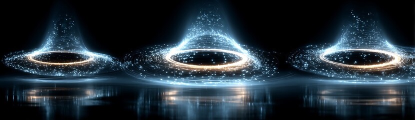 A row of three luminous blue and gold energy portals generating sparkling particle effects, reflecting on a surface against a black backdrop.