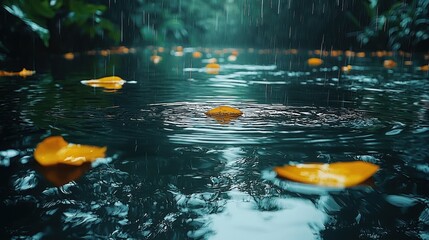 Rainy Day Serenity: Fallen Leaves on a Tranquil Stream