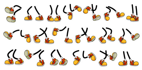 Cartoon mascot legs and foots. Vector set with playful pairs of cartoon legs in orange retro shoes performing varied movements and poses of character for animations or comic personage construction kit