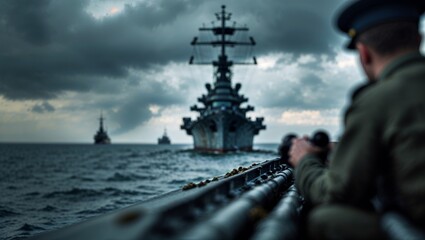 Military personnel on a ship observe a fleet of warships at sea under a cloudy sky.