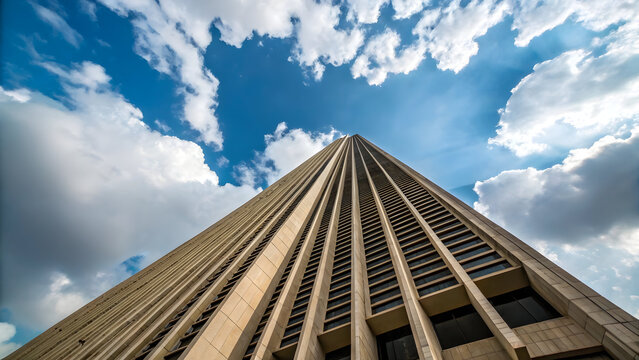 Skyscraper points towards a blue sky filled with cumulus clouds on a bright sunny day