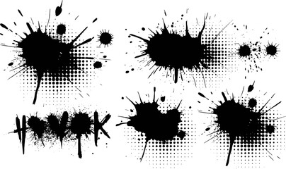 Fototapeta premium Black ink splatters and halftone dots abstract design drips