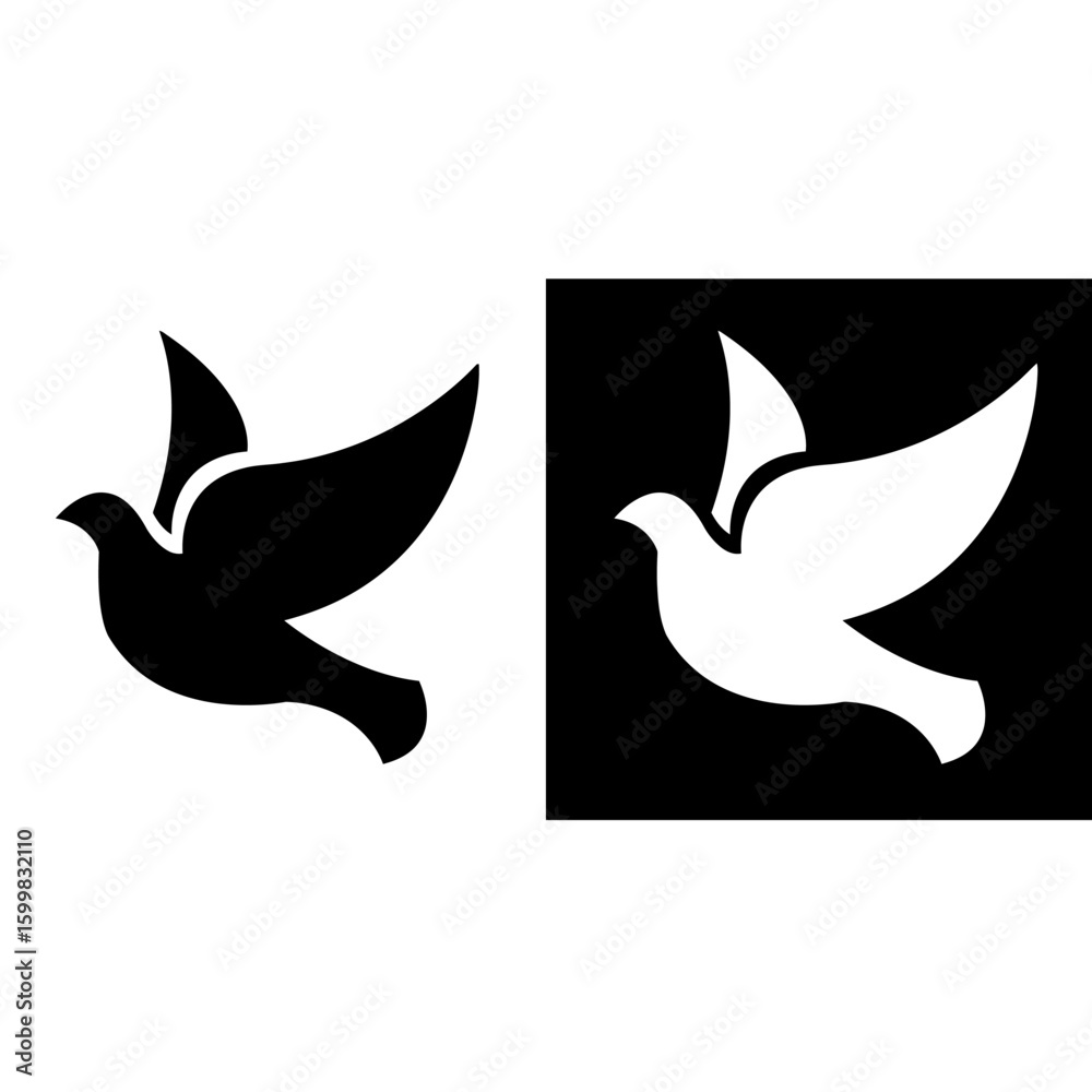 Fototapete minimalist dove icon in black and white, flat vector style, one version with a white dove on black b