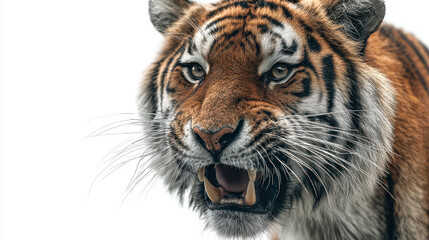 Fototapeta premium Closeup of fierce tiger face with sharp teeth and intense eyes wild predator for wildlife blog awareness or jungle danger concept
