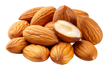 A pile of whole raw almonds with one almond expertly cut in half revealing its inner kernel on a transparent background