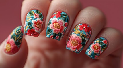 Intricate Floral Nail Art: Exquisite Embroidered Designs on Teal Background