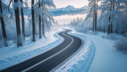 Obraz premium A beautiful winter scene of a winding road through a snowy forest with mountains in the background.