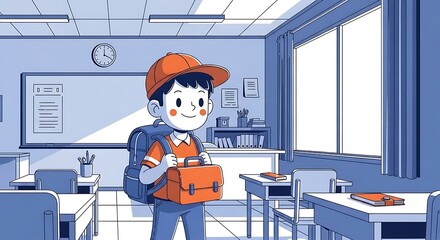 Cartoon illustration of a young boy with a backpack and lunchbox standing in a classroom near desks and a whiteboard.