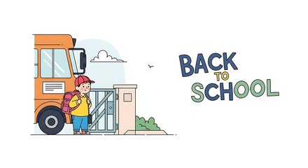 Illustration of a young student with a backpack standing by a gate near a school bus, with "Back to School" text.