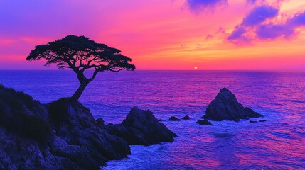 Dramatic sunset over a rocky coastline with a lone tree.