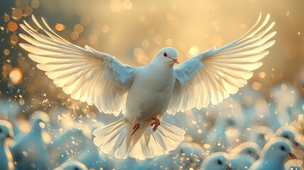 Obraz premium A Majestic White Dove in Flight, Wings Spread Wide, Surrounded by a Flock, bathed in Golden Sunlight, creating a Peaceful and Spiritual Atmosphere.
