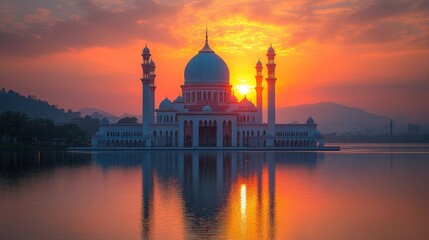 Majestic mosque at sunrise over tranquil lake