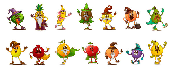 Obraz premium Groovy fruit Halloween wizard and sorcerer characters, vector berry personages. Cartoon retro groovy apple, orange, watermelon and pineapple, hippie banana, lemon and peach fruits with magic hats