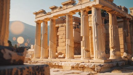 Obraz premium Majestic ancient greek ruins, with sunlight casting shadows on weathered columns.