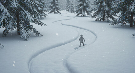 Wooden Figures Snowy Path Through Winter Forest Serene Landscape.