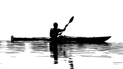 Silhouette of kayaker paddling on water. Minimalist, high contrast black and white