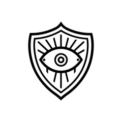 Mystical shield with an all-seeing eye. A line art icon representing security, protection, and divine vigilance.