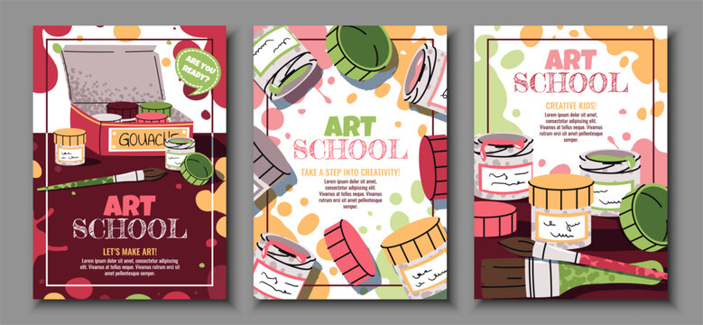Art School Poster Set with Gouache Paint and Brushes in Flat Design. Ideal for Art Classes, Creative Workshops, Online Courses, Social Media and kids creative Projects. Cover for flyer, invitation.